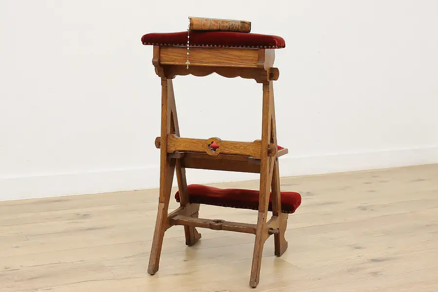 Main image of Tudor Antique Oak Church Kneeler & Chair, Red Velvet