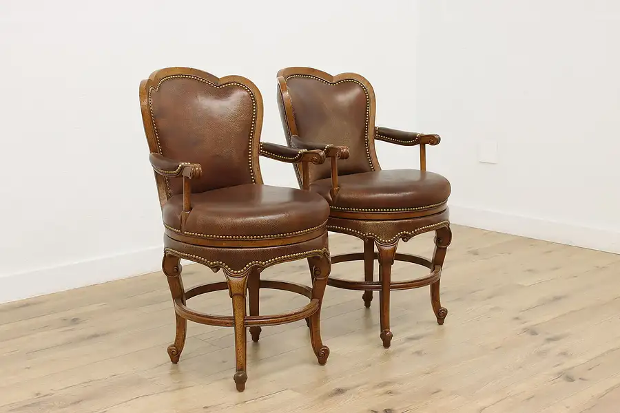 Main image of Pair of Vintage Leather Swivel Bar Stools, Hancock & Moore