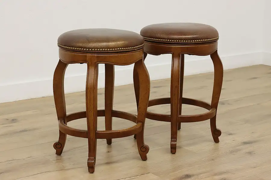 Main image of Pair of Vintage Leather Swivel Bar Stools, Hancock & Moore