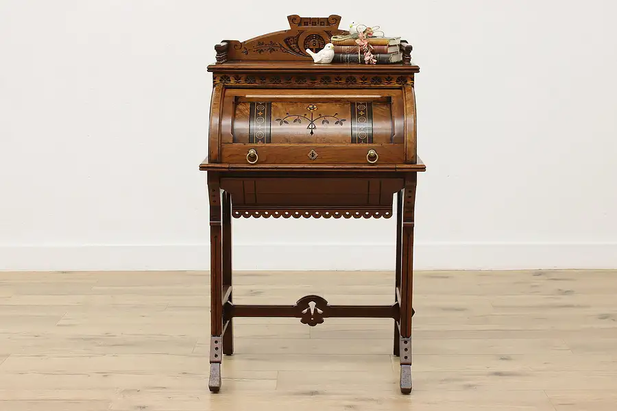 Main image of English Victorian Antique Walnut Roll Top Secretary Desk