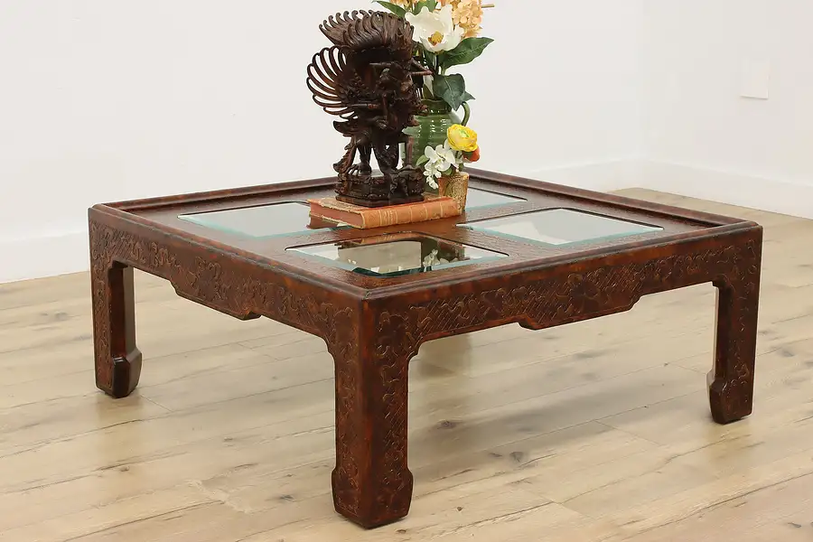 Main image of Chinese Vintage Red Lacquer & Glass Coffee Table, Flowers