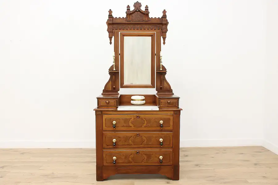 Main image of Victorian Eastlake Antique Walnut Marble Top Dresser, Mirror