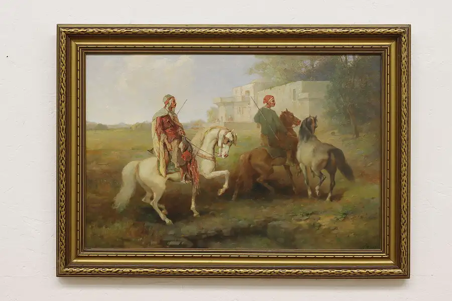 Main image of Horses & Riders Vintage Original Oil Painting, Signed 35.5"