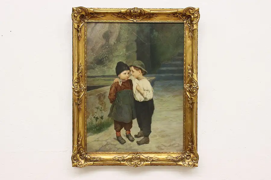 Main image of Children Deep Secrets Vintage Original Oil Painting 29"