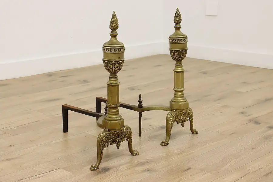 Main image of Pair of Antique Brass Flame Finial Fireplace Andirons