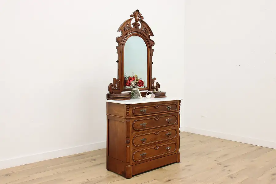 Main image of Victorian Eastlake Antique Marble Top Dresser, Secret Drawer