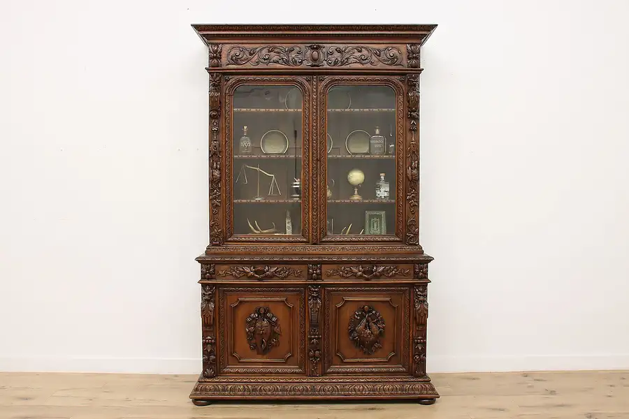 Main image of Black Forest Antique Carved Oak Bookcase China Bar Cabinet