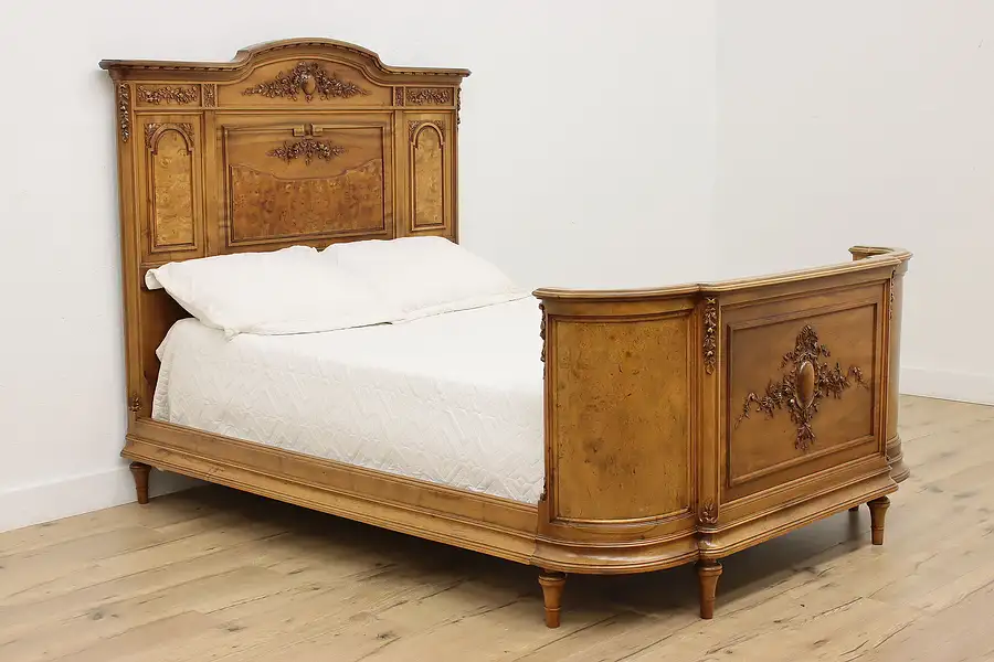 Main image of French Antique Walnut & Elm Full Size Bed, Hand Carved Roses