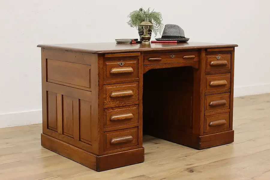 Main image of Victorian Antique Carved Oak Office Library or Teacher Desk