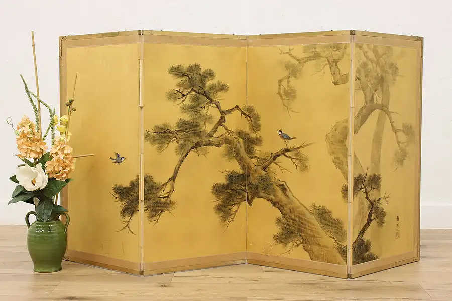 Main image of Chinese Vintage Silk 4 Panel Folding Screen, Painted Birds