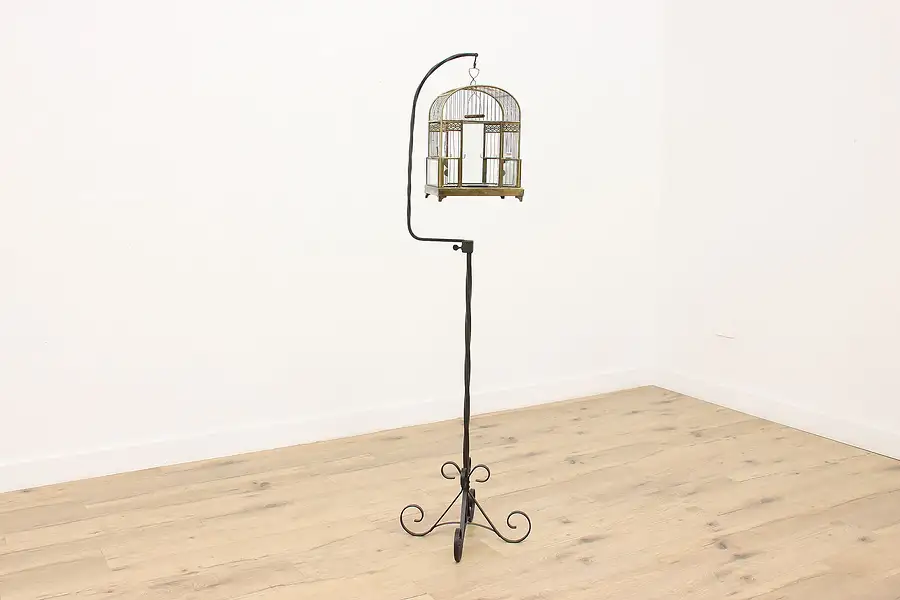 Main image of German Vintage Brass & Cut Glass Birdcage, Iron Stand