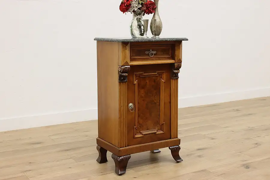 Main image of Italian Antique Walnut Nightstand or End Table, Marble Top