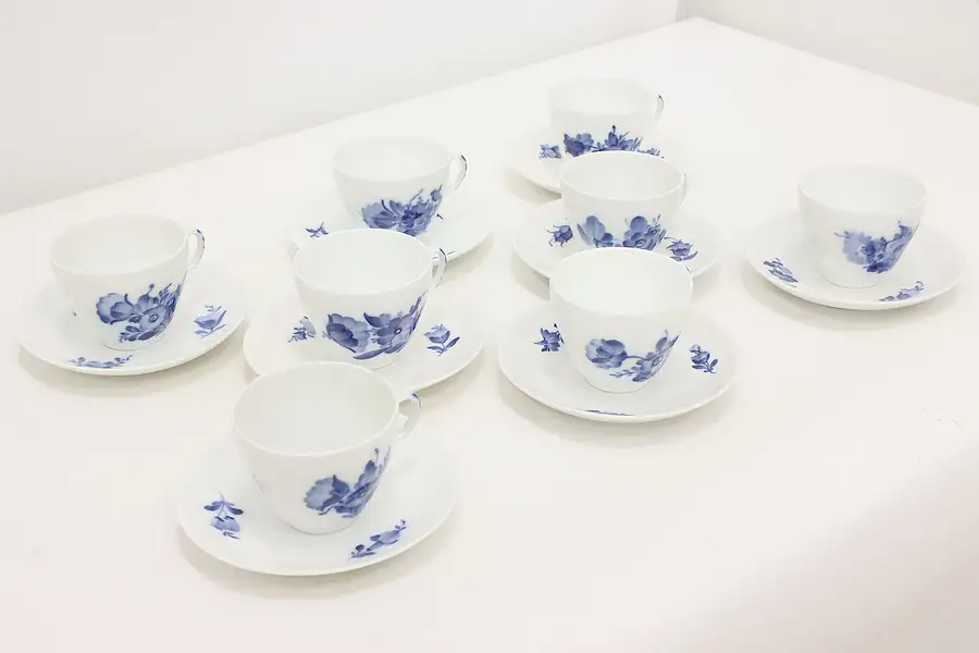 Main image of Set of 8 Blue Flower Coffee Cups & Saucers Royal Copenhagen