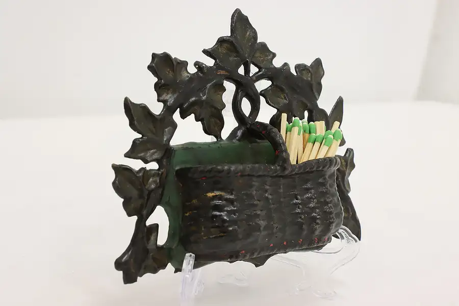 Main image of Victorian Antique Painted Cast Iron Basket 1868 Match Holder