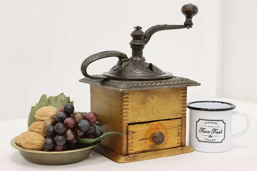 Main image of Farmhouse Antique Pine & Iron Tabletop Coffee Mill Grinder