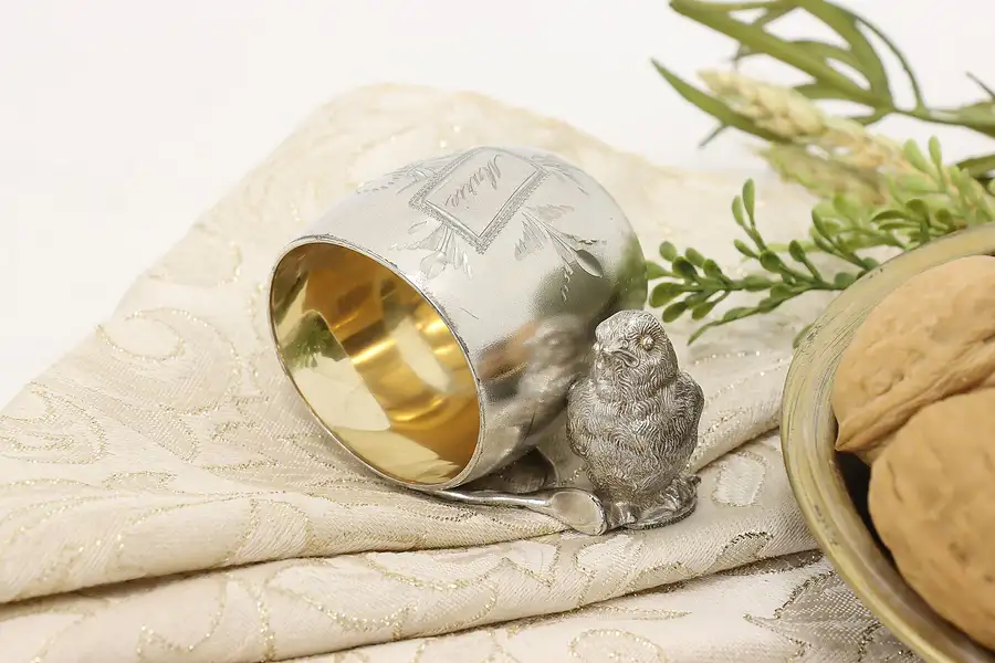 Main image of Victorian Silverplate Bird Napkin Ring, Best Wishes Marie