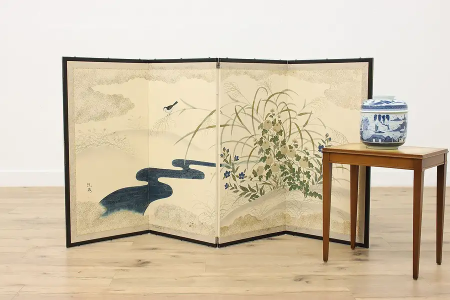 Main image of Chinese Vintage Painted 4 Panel Folding Screen, Bird & Pond