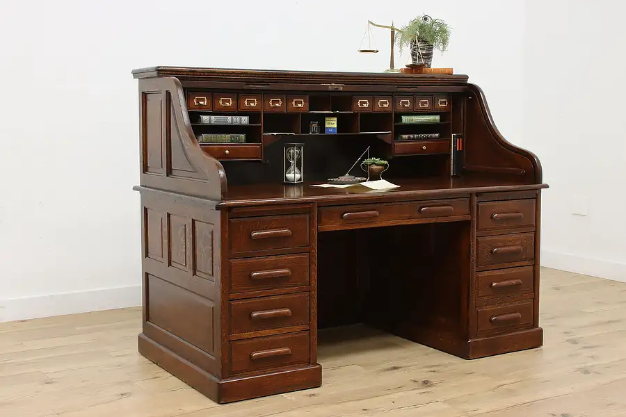 Main image of Victorian Antique Oak Roll Top Office Library Desk, Dornette