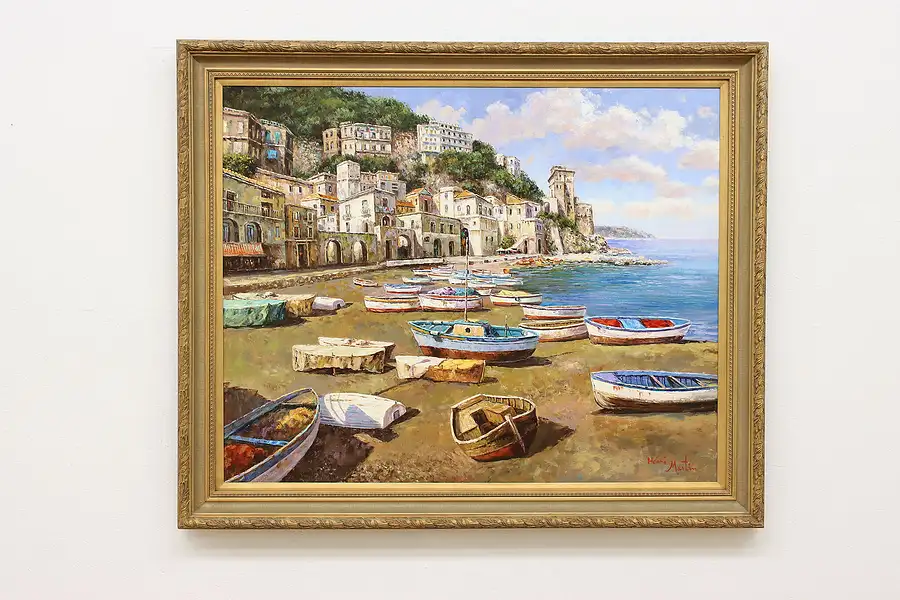 Main image of Seaside Town Vintage Original Oil Painting after Martin 70"