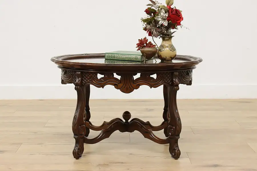 Main image of French Design Antique Coffee Table & Tray, Carved Figures