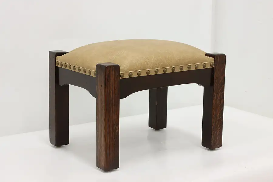 Main image of Arts & Crafts Mission Antique Oak & Leather Footstool