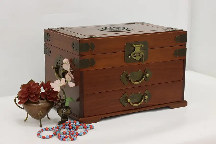 Main image of Chinese Vintage Teak & Brass Silk Lined Jewelry Chest, Zee