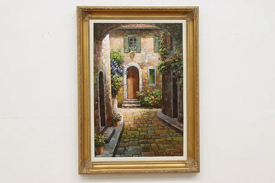 Main image of Cobblestone Road Vintage Original Oil Painting Signed 44.5"