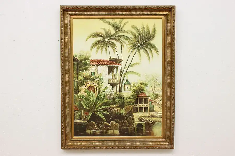 Main image of Tropical Island Town Vintage Original Oil Painting, 57.5"