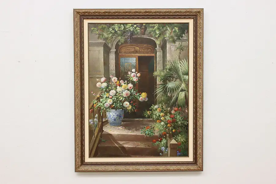 Main image of Tropical Villa Doorway Vintage Original Oil Painting 57"