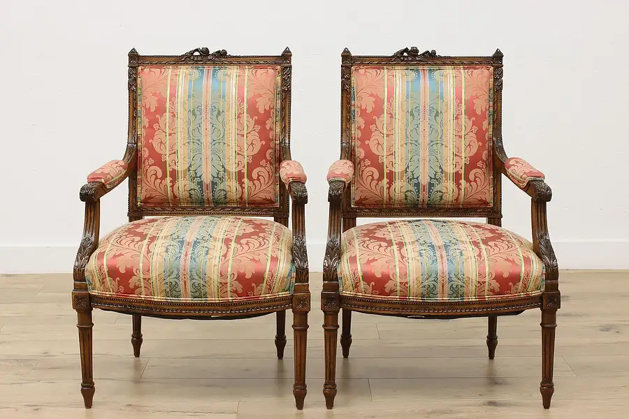 Main image of Pair of French Antique Walnut Library Chairs, Carved Roses