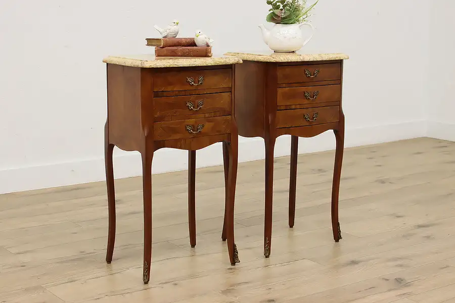 Main image of Pair of French Vintage Marble Top Nightstands or Side Tables