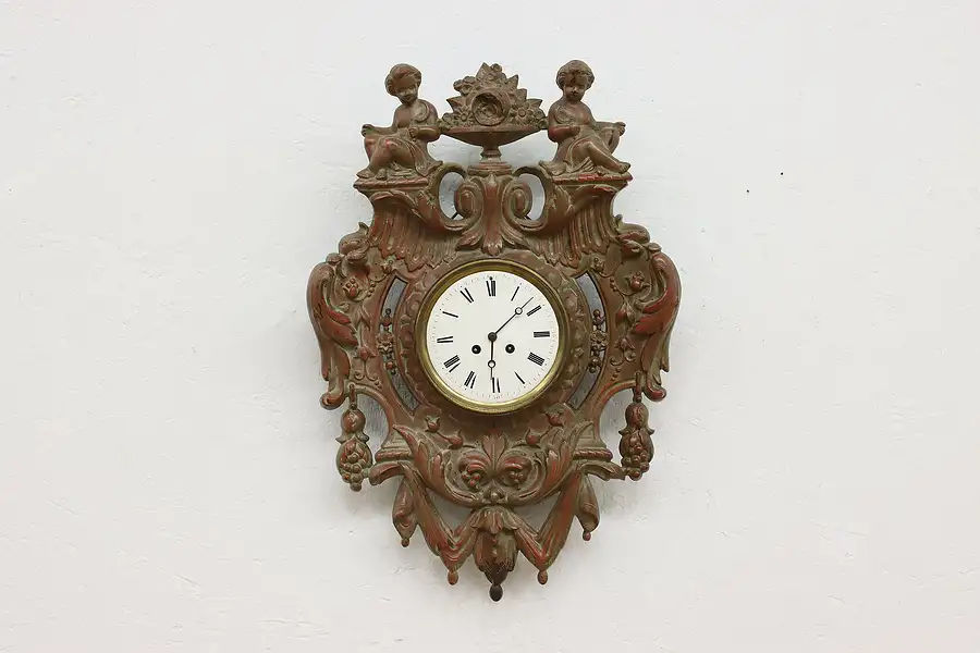 Main image of Victorian Antique French Cast Iron Wall Clock, Cherubs