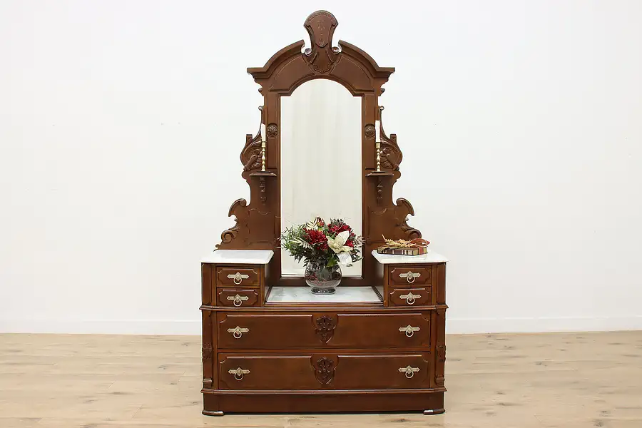 Main image of Victorian Antique Marble Top Walnut Dresser or Chest, Mirror