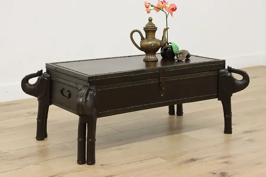 Main image of Asian Vintage Carved Coffee Table & Storage, Elephants