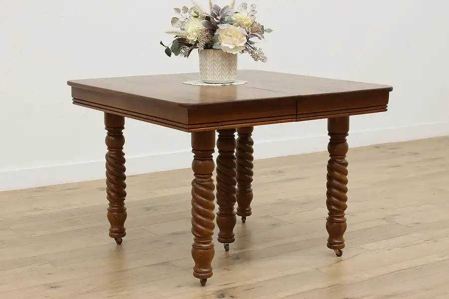 Main image of Victorian Antique Carved Oak Twist Leg Dining Table 2 Leaves