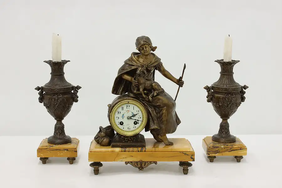 Main image of French Antique 3 Pc Marble Mantel Clock Set, Shepherdess