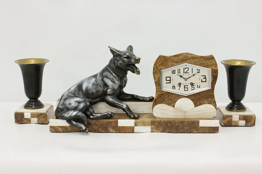 Main image of Art Deco Antique Marble 3 Pc Mantel Clock Set, Dog, Megnin