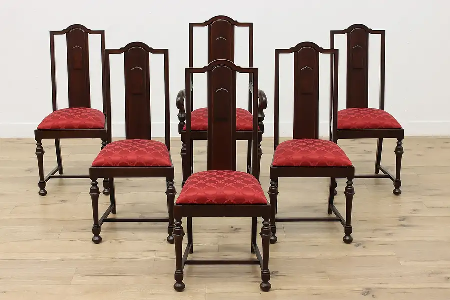 Main image of Set of 6 Tudor Antique Dining Chairs, Inlaid, New Upholstery