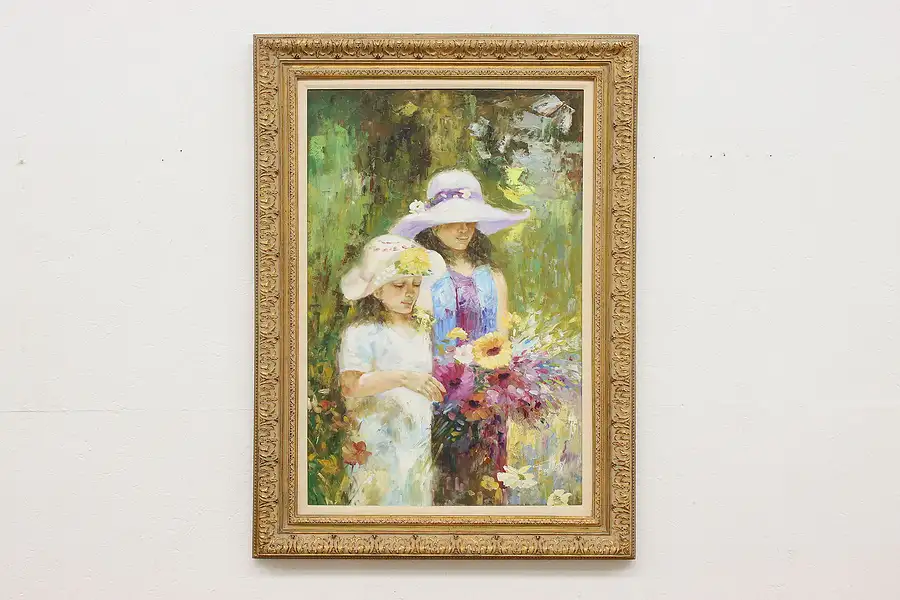 Main image of Summer Girls with Flowers Vintage Oil on Canvas, Tukey 44.5"