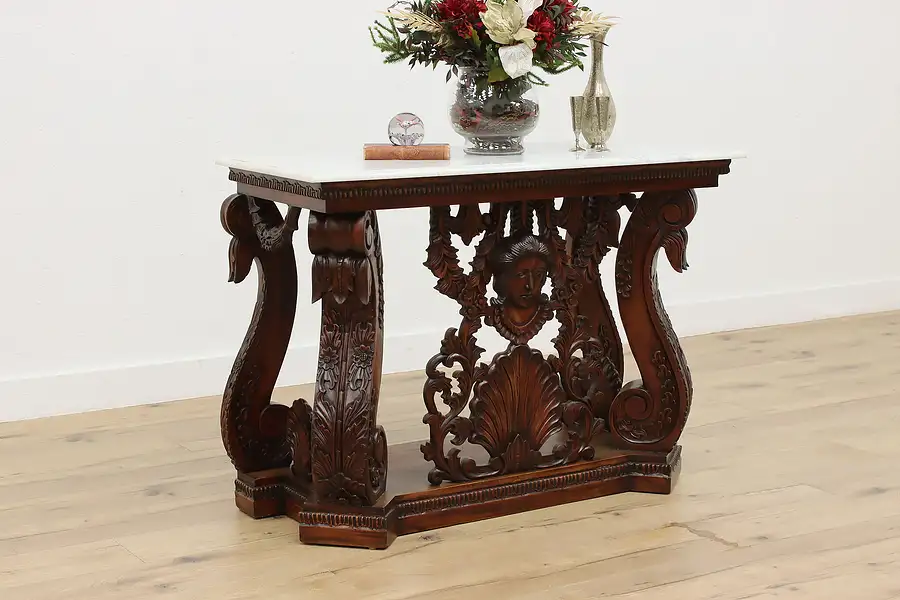 Main image of Classical Vintage Marble & Carved Mahogany Console Table