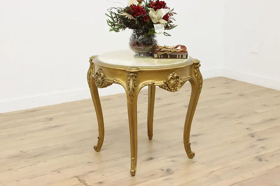 Main image of French Antique Carved Gold Onyx Top Parlor or Coffee Table