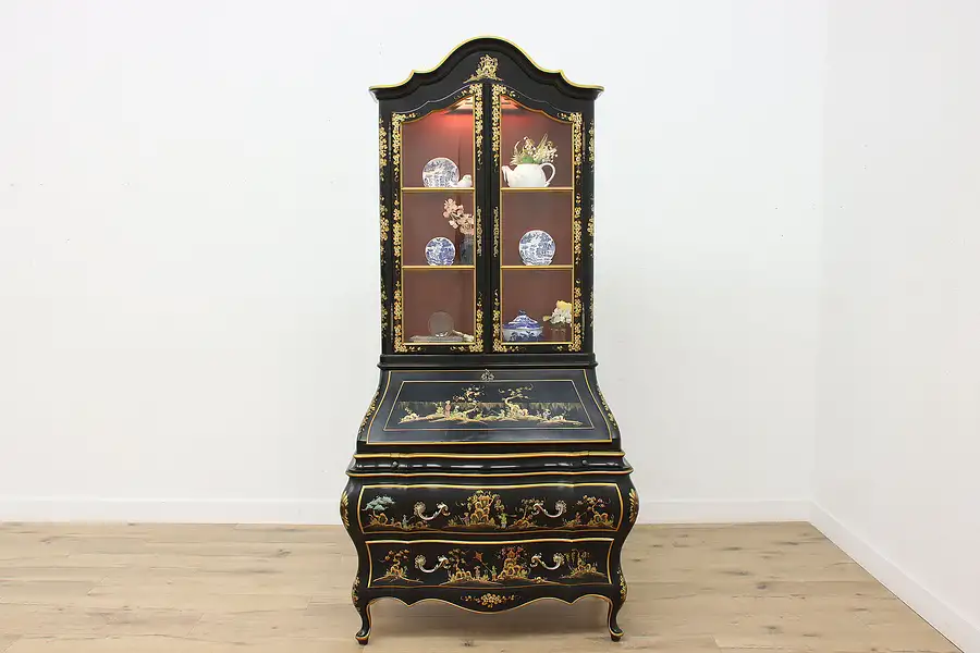 Main image of Chinoiserie Vintage Bombe Lacquer Secretary Desk & Bookcase