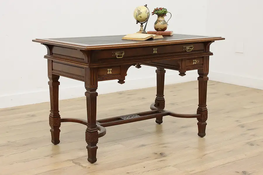 Main image of Victorian Eastlake Antique Walnut Leather Top Writing Desk