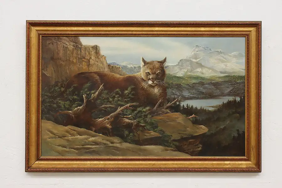 Main image of Landscape with Cougar Vintage Oil Painting Sweney 36.5"