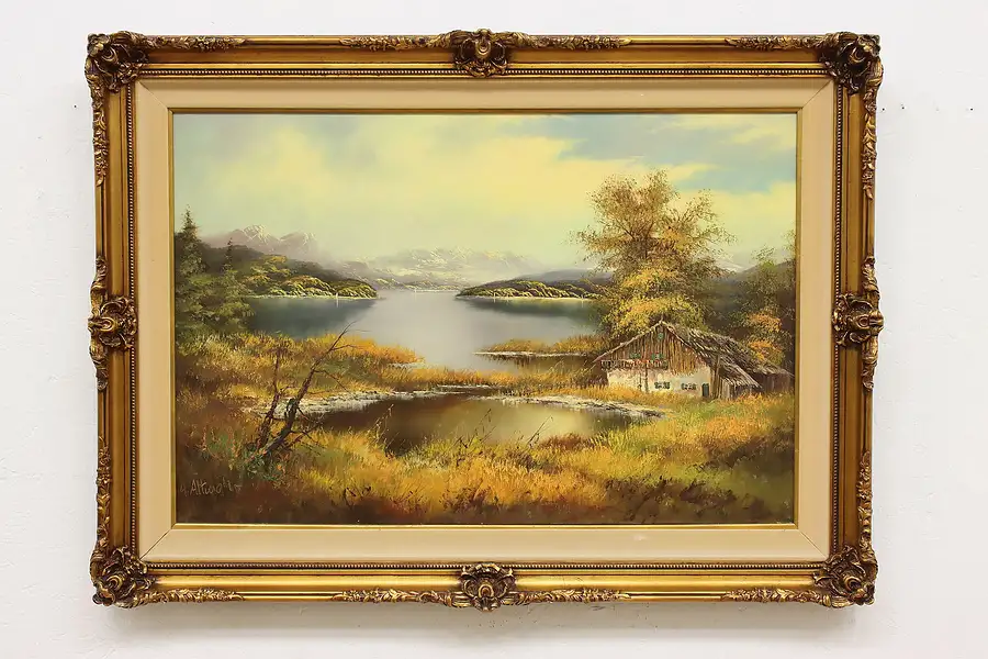 Main image of Cottage & Lake Vintage Original Oil Painting, Altwehr 44"