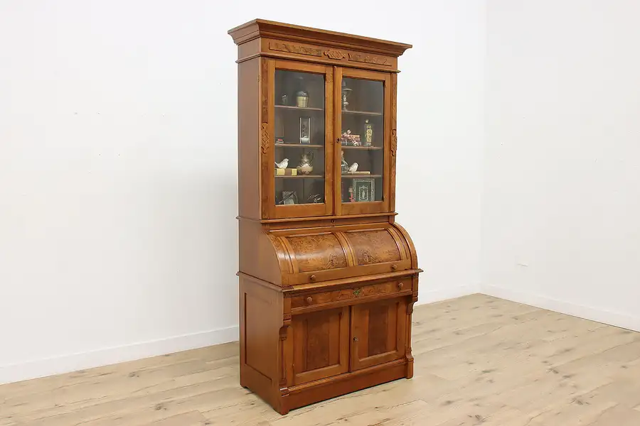 Main image of Victorian Eastlake Antique Roll Top Secretary Desk, Bookcase