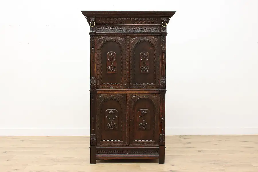 Main image of Gothic Antique French Oak Bar or Dowry Cabinet, Carved Lions