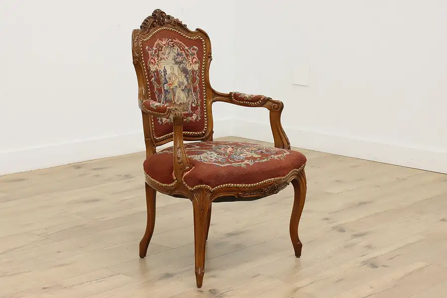 Main image of French Antique Carved Walnut Chair Petit Point & Needlepoint