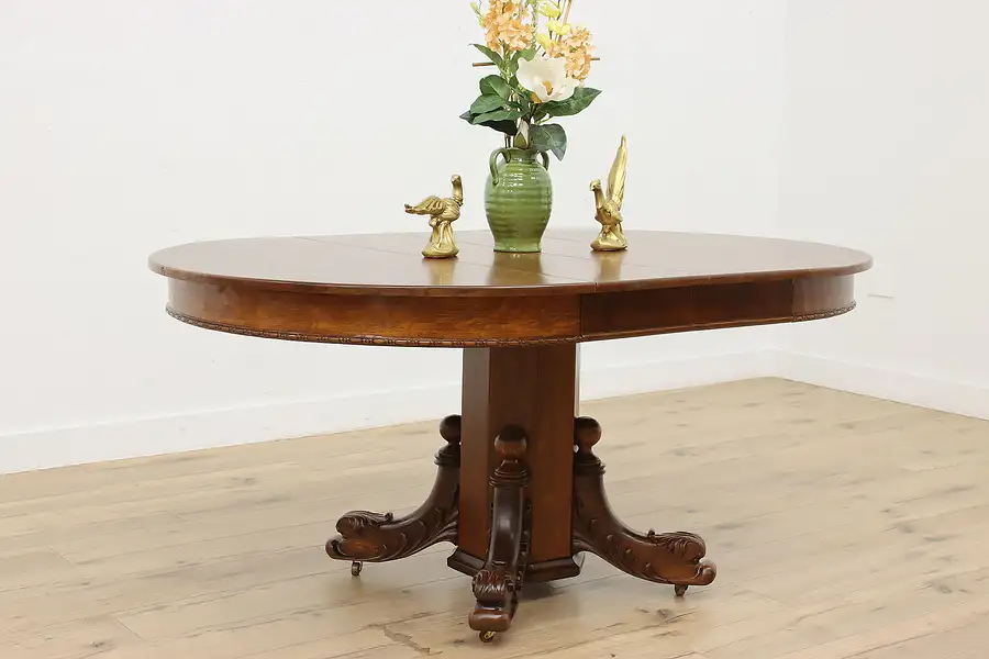 Main image of Victorian Antique 45" Oak Dining Table, Opens 68", Dolphins