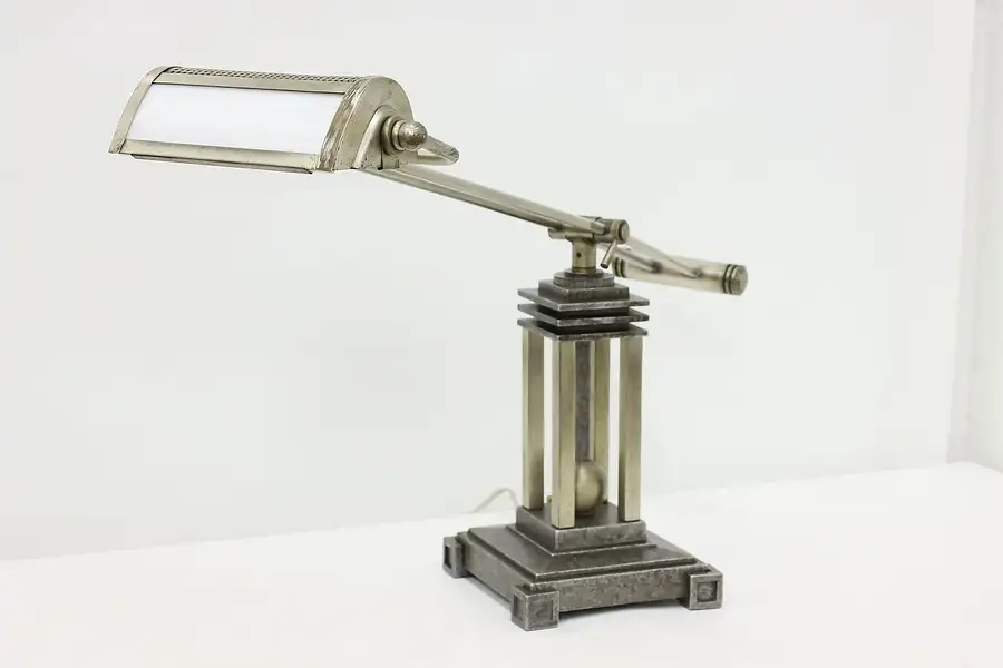 Main image of Art Deco Design Vintage Nickel & Glass Adjustable Desk Lamp